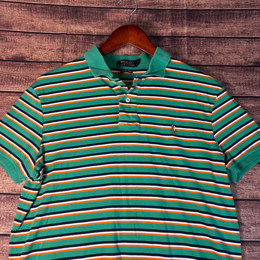 Polo Ralph Lauren Mens Pima Soft Touch Striped Polo Shirt Green Orange Size M